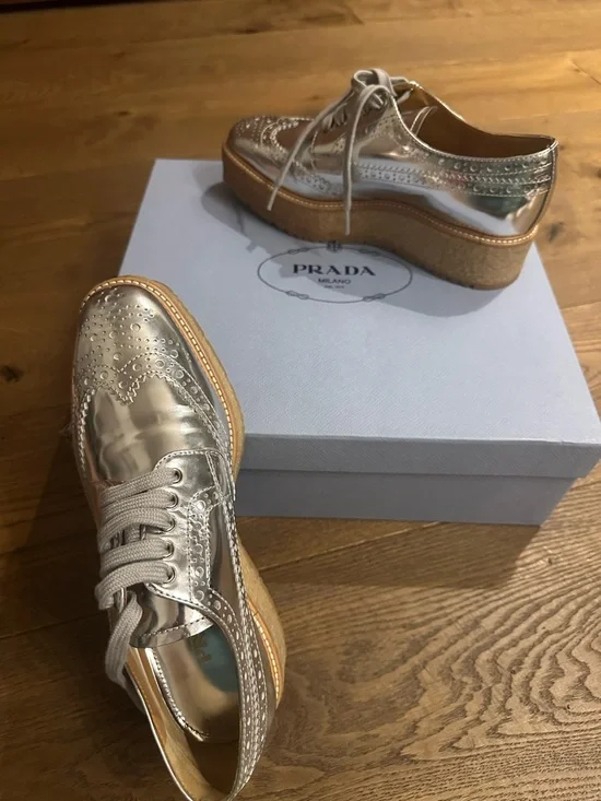 Prada Metallic Silver Wingtip Platform Loafers - Picture 4 of 8